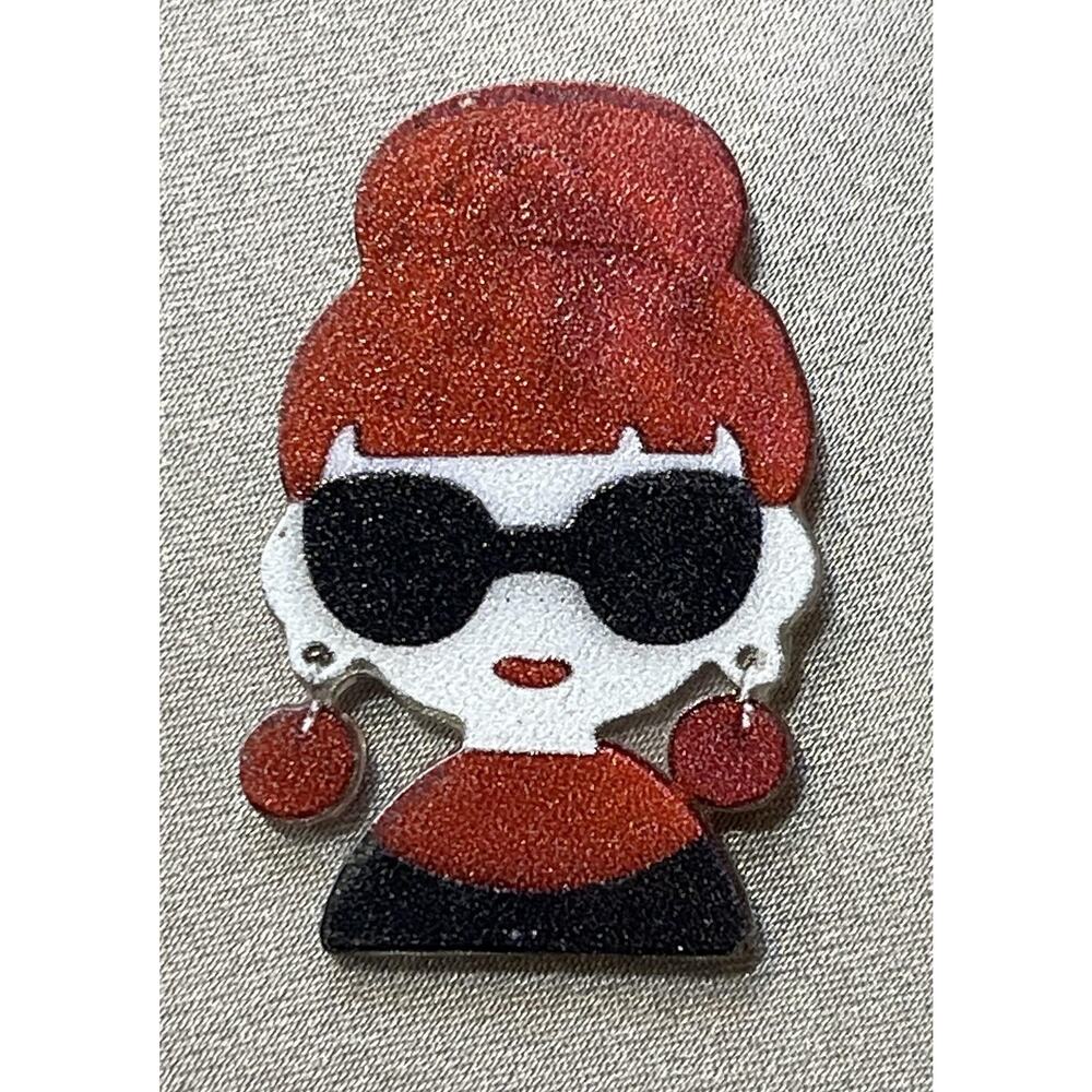 NWOT Red Hair Girl Acrylic Brooch Lapel Pin Retro Fashion Sunglasses Earrings